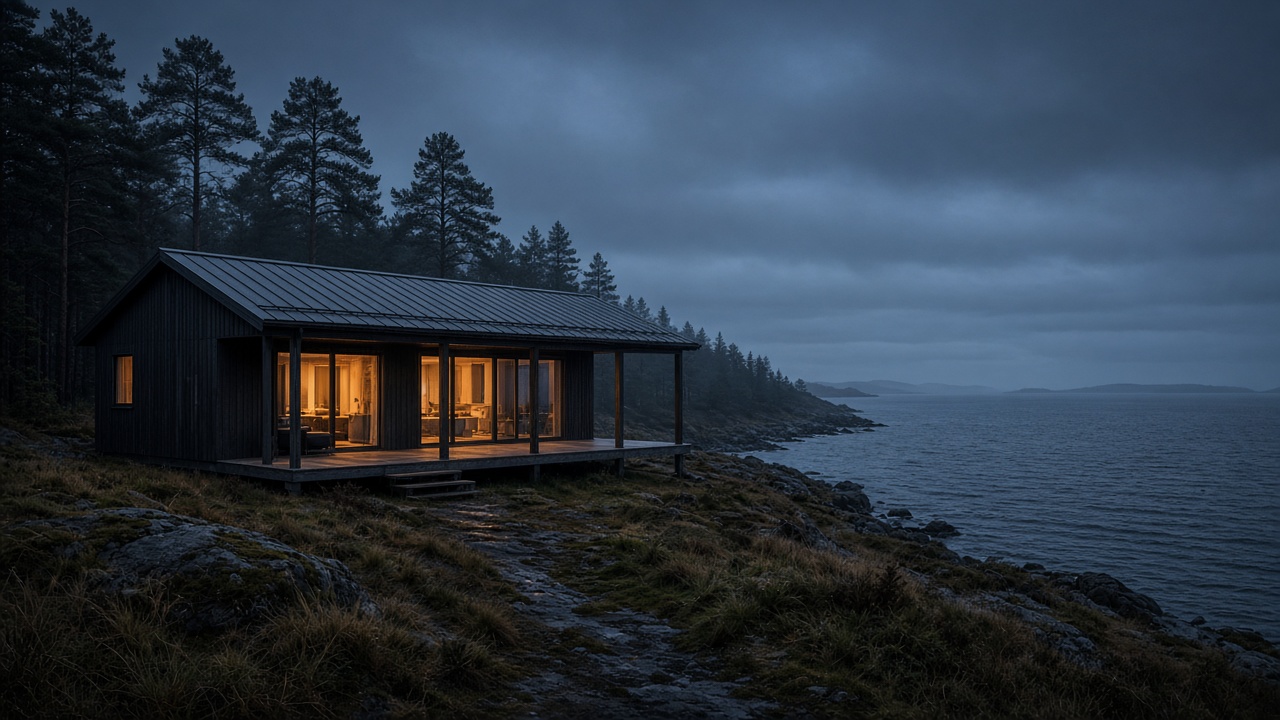 A modern timber house with warm windows on a rocky Baltic shore at dusk, pines behind it and open sea to the right.