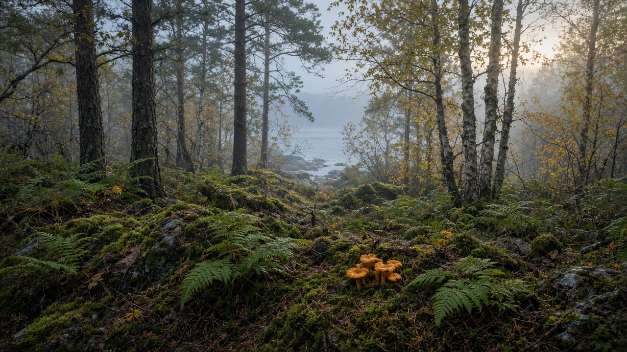 Misty autumn pines and birch above a mossy shore, chanterelles in the foreground and the Baltic beyond.